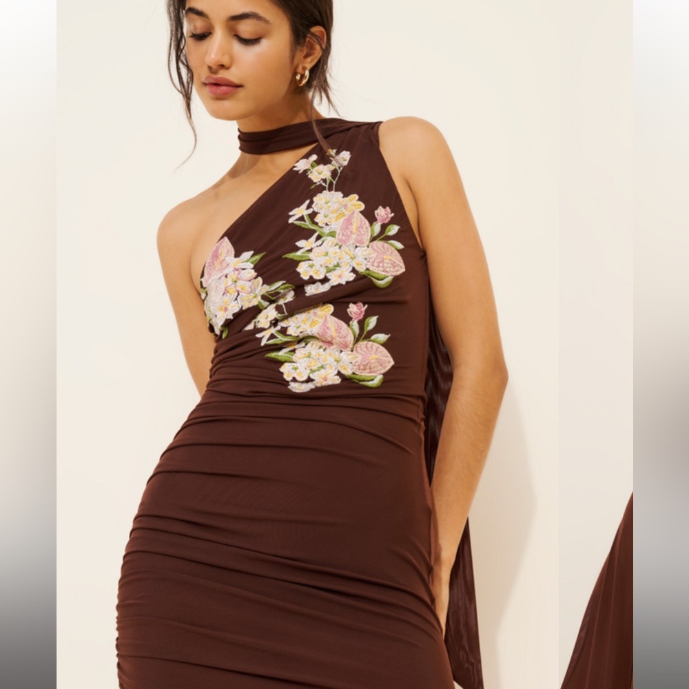 Anthropologie SAEMDI chocolate brown embroidered floral w neck scarf maxi large - Picture 1 of 16